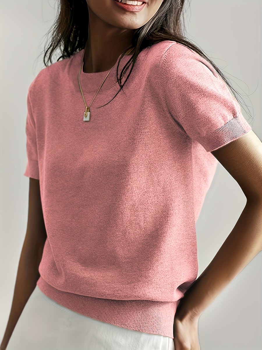 Amelia | Women's Relaxed-Fit Short-Sleeve Knit Sweater Top – Pink