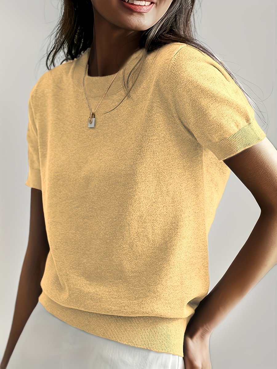 Amelia | Women's Relaxed-Fit Short-Sleeve Knit Sweater Top – Yellow