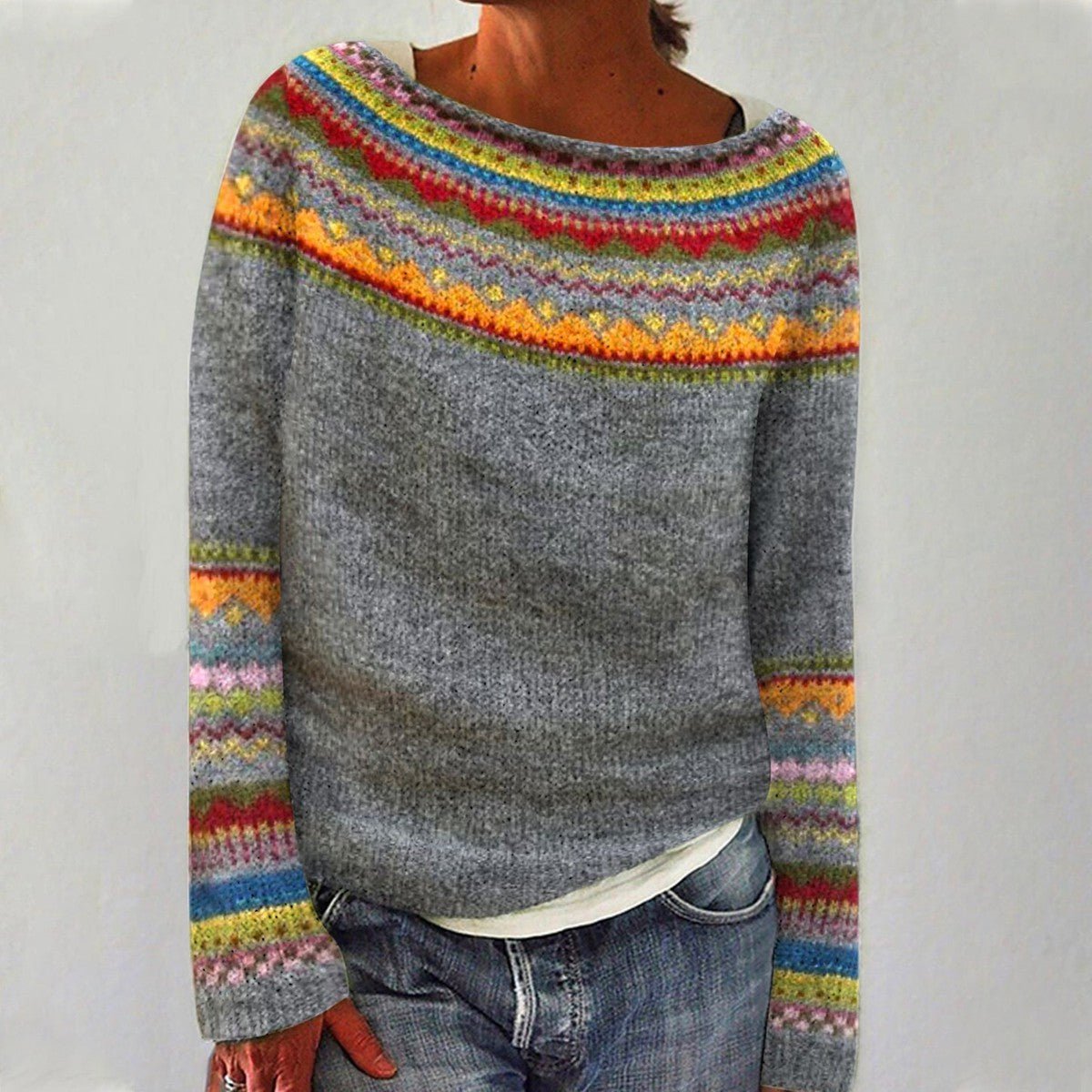 Aria | Women's Retro Striped Relaxed-Fit Knit Sweater – Gray / Colored