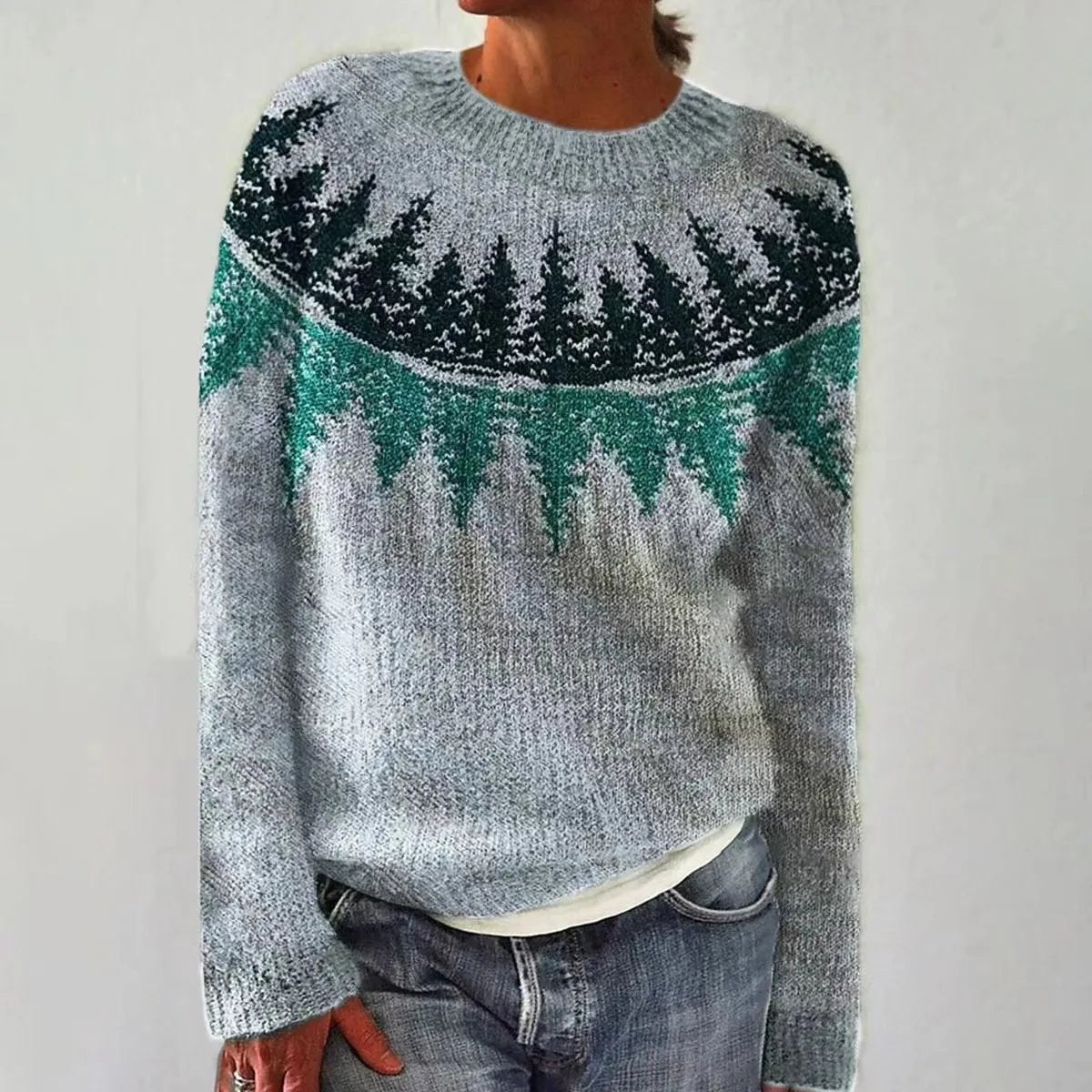 Aria | Women's Retro Striped Relaxed-Fit Knit Sweater – Light Blue / Tree