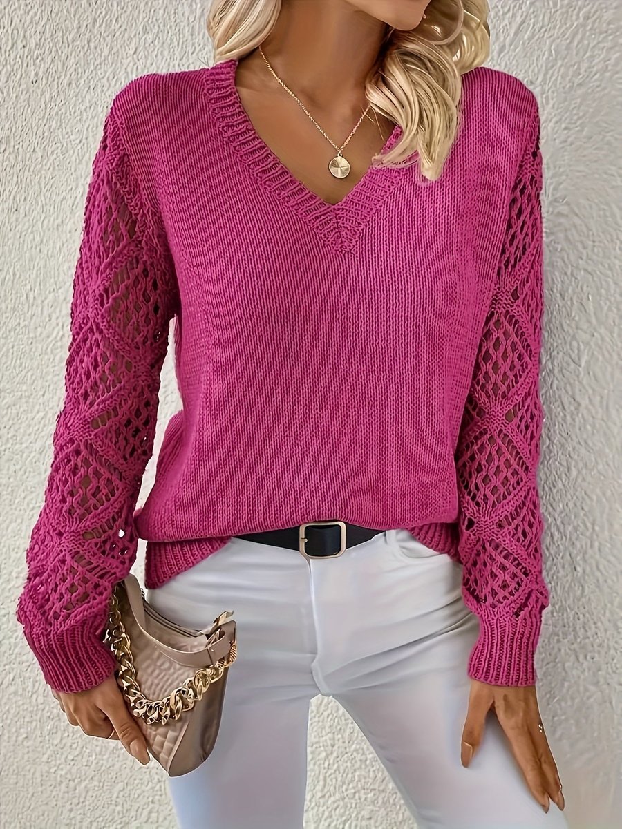 Amelia | Women's V-Neck Hollow-Sleeve Pullover Knit Sweater – Purple