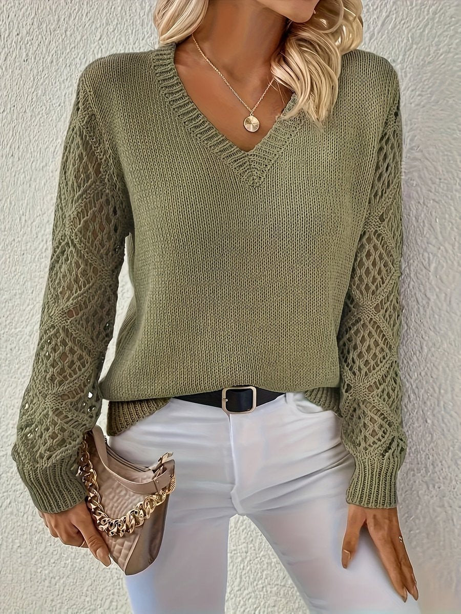 Amelia | Women's V-Neck Hollow-Sleeve Pullover Knit Sweater – Olive Green