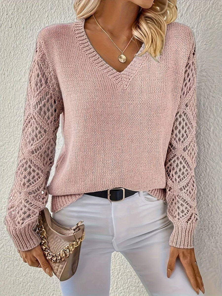 Amelia | Women's V-Neck Hollow-Sleeve Pullover Knit Sweater – Blue
