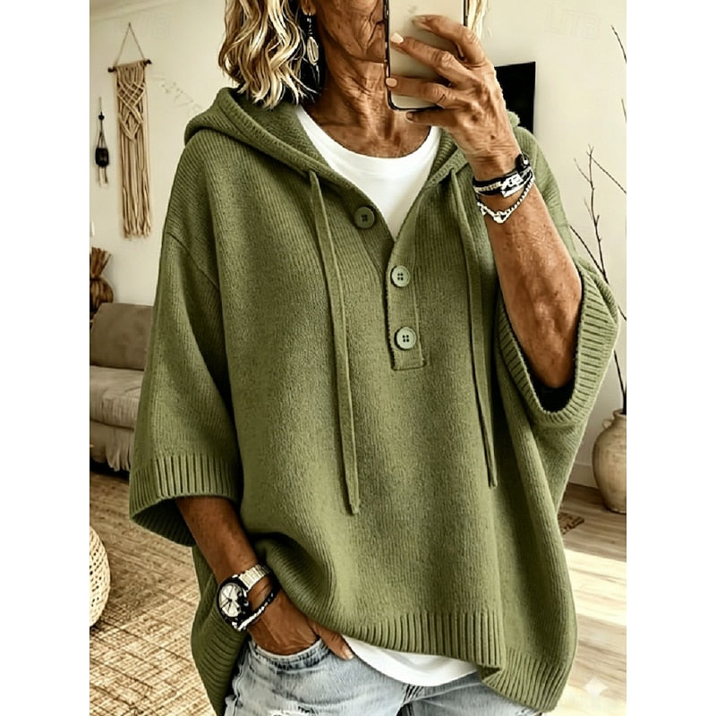 Camryn | Relaxed Hooded Button Sweater – Military Green