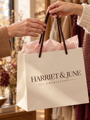 A Harriet & June shopping bag being handed over
