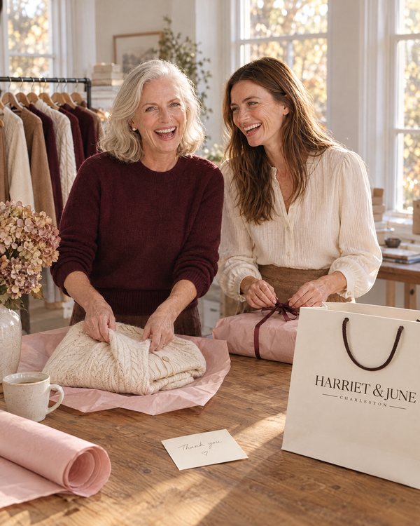 Harriet and her daughter June wrapping an order in blush tissue paper