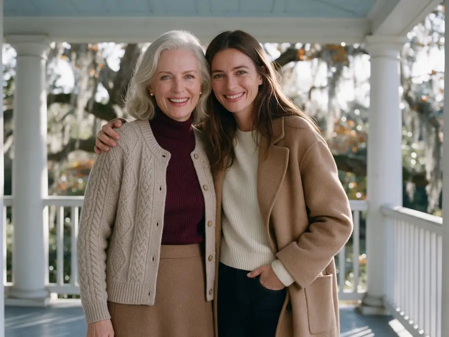 Harriet and her daughter June on the porch in fall knits