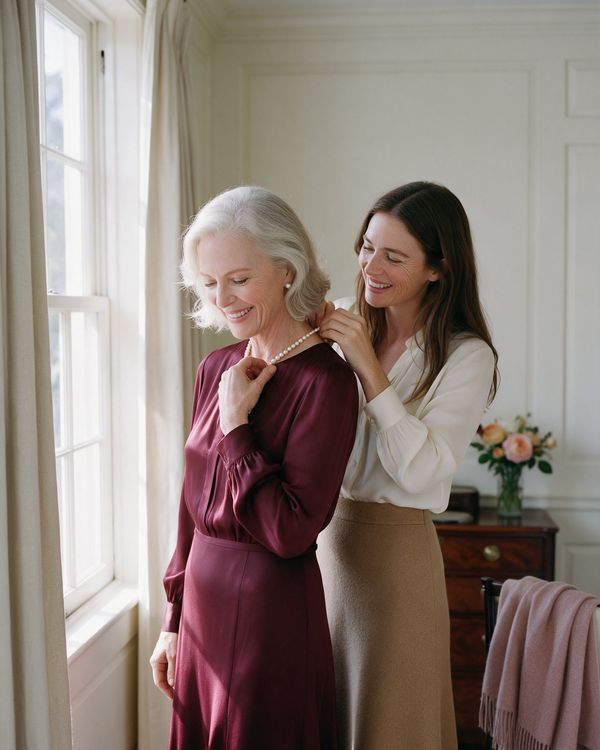 June fastening a strand of pearls around her mother Harriet’s neck