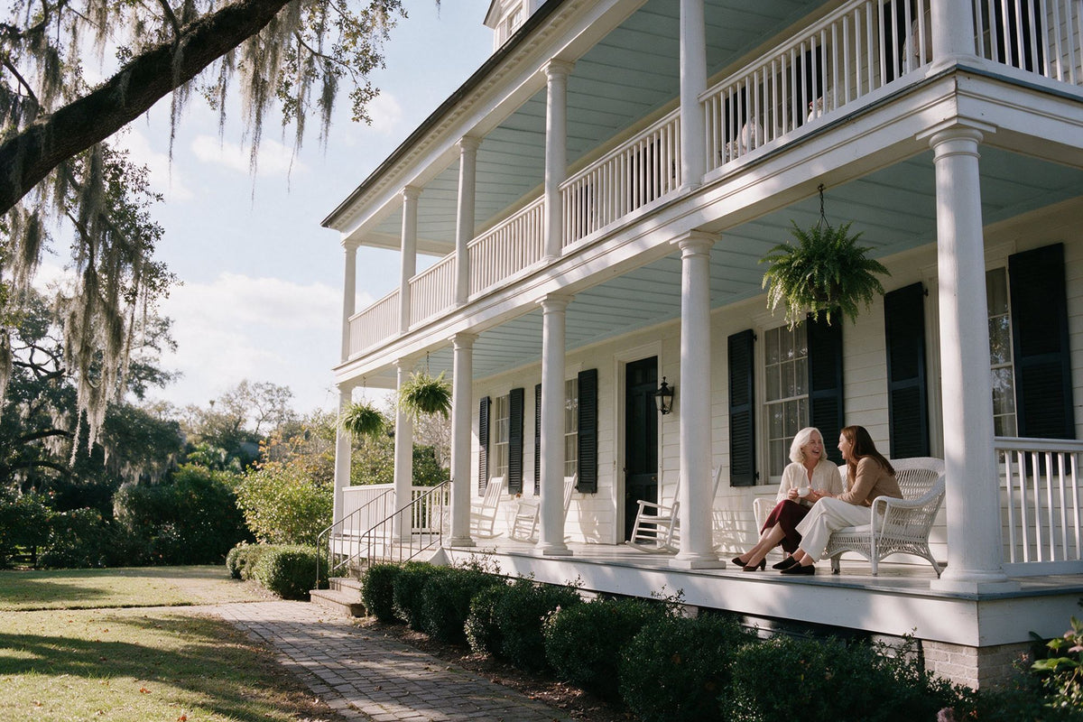 Harriet and June on the porch of a white clapboard house in late-afternoon light